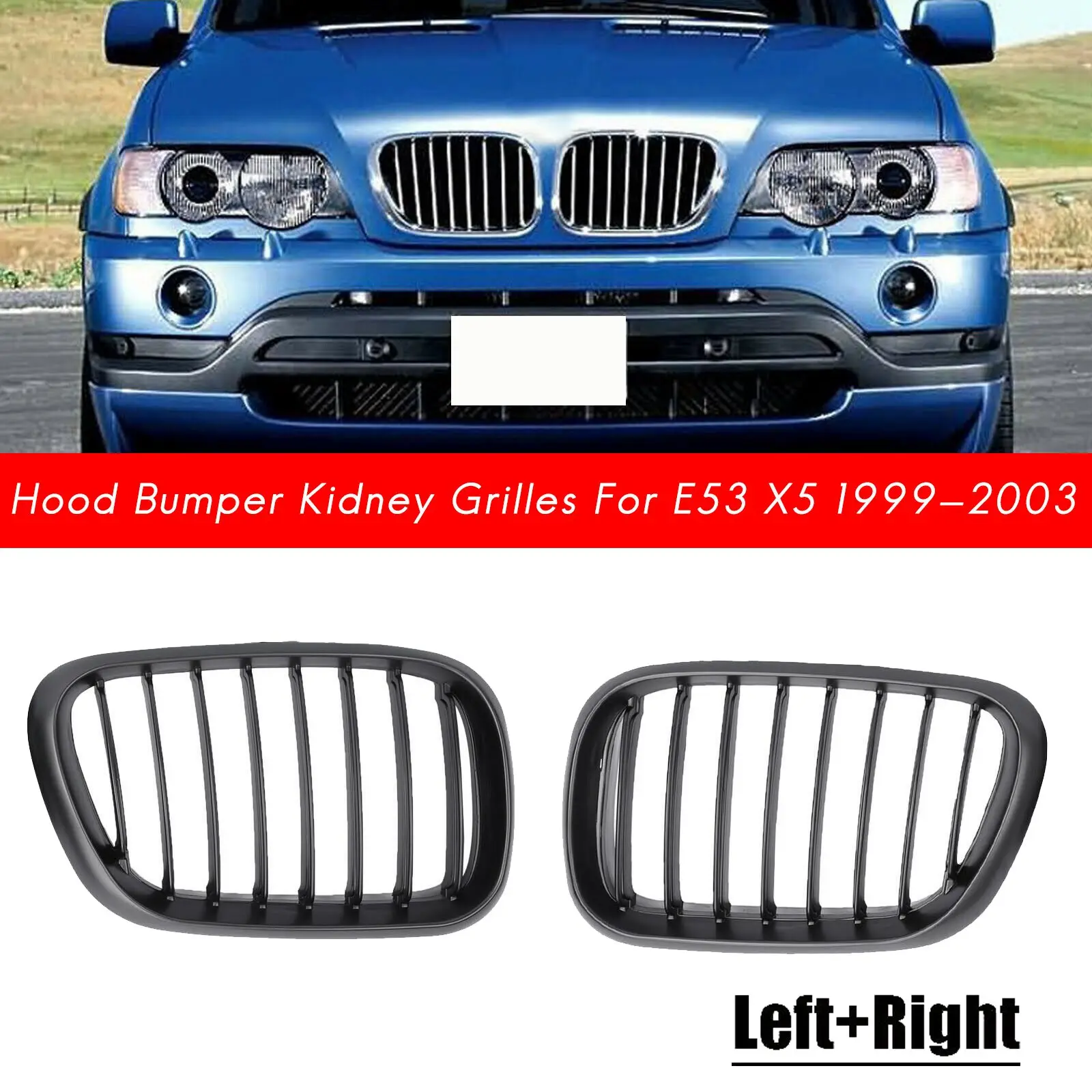 Car Front Grille Grill L&R Hood Bumper Kidney Grilles Matte Black for -BMW E53 X5 1999 2000 2001 2002 2003