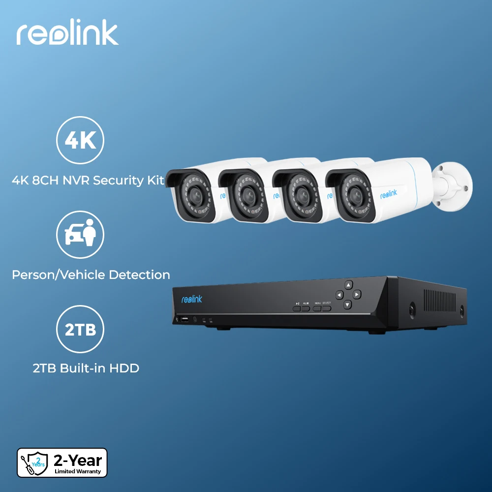 Reolink 8CH NVR 4K Sistema de câmera de segurança 8MP PoE Câmeras IP Gravação 24/7 com 2TB HDD Detecção inteligente Gravador de vídeo H.265