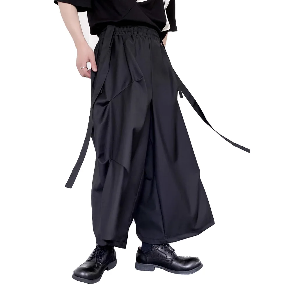 Men Women Dark Black Fashion Japan Harajuku Streetwear Loose Casual Wide Leg Kimono Skirts Pants Couple Gothic Pants Trousers