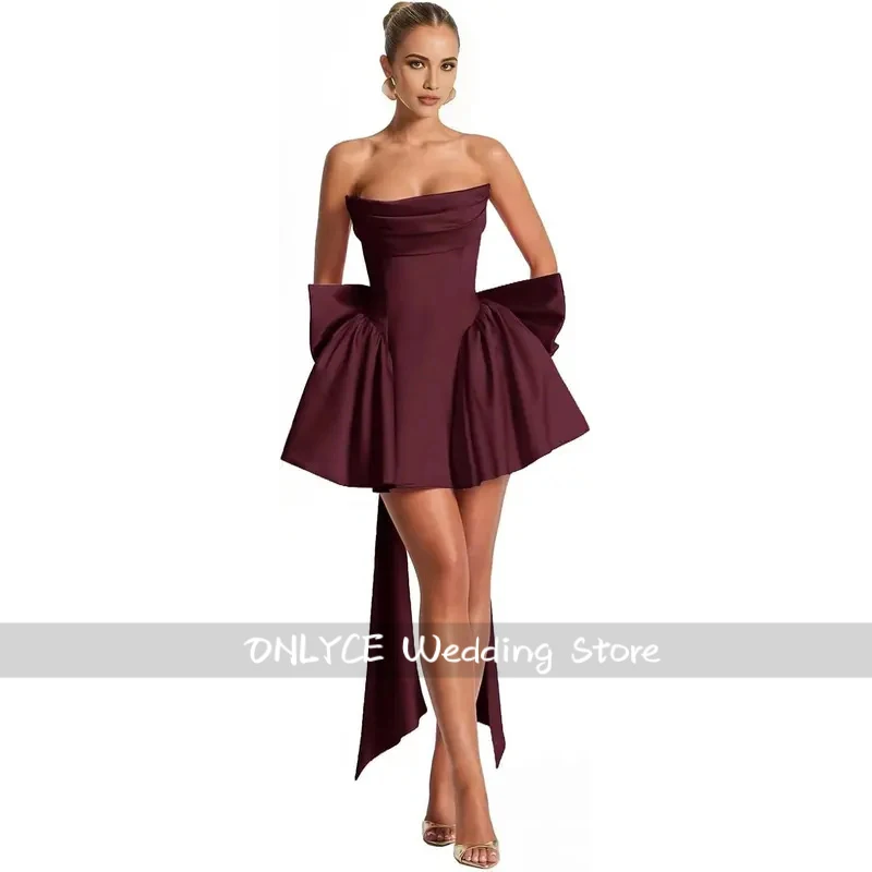 

2026 Satin Strapless Back To School Dress with A Large Bow At The Back, Mini Skirt for Teenagers Cocktail Dress Short DanceDress