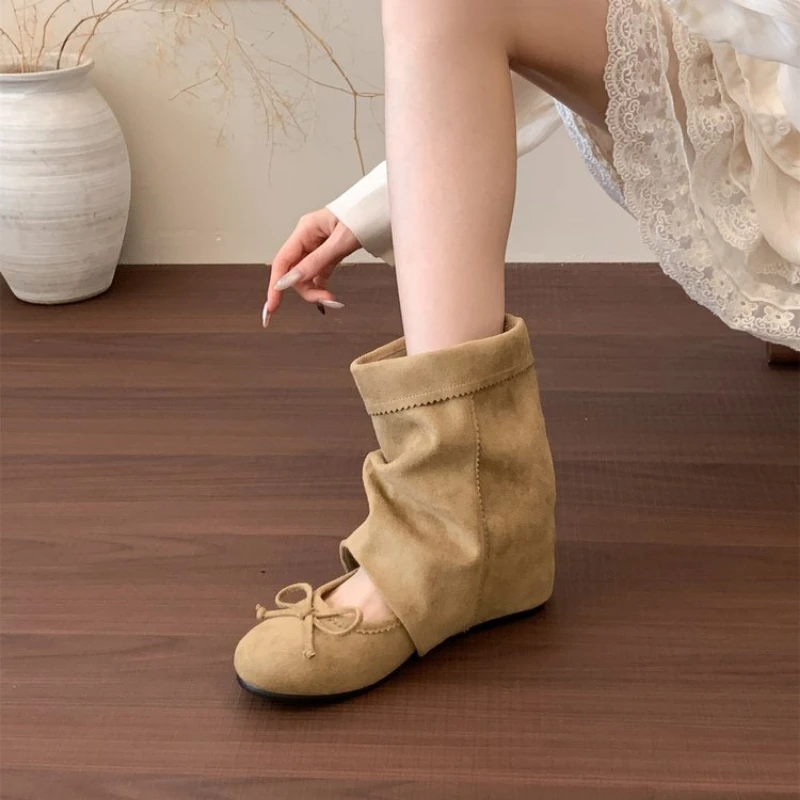 Women's Bow Mary Jane Slouch Mid Calf Boots,Round Toe, Vintage Stacked Cuff Boots, Winter Casual Daily Dress Footwear