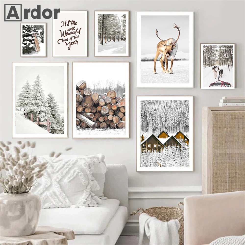 Winter Snow Forest Wood Posters Deer Sled Dog Canvas Painting House Wall Art Landscape Print Nordic Wall Pictures Bedroom Decor