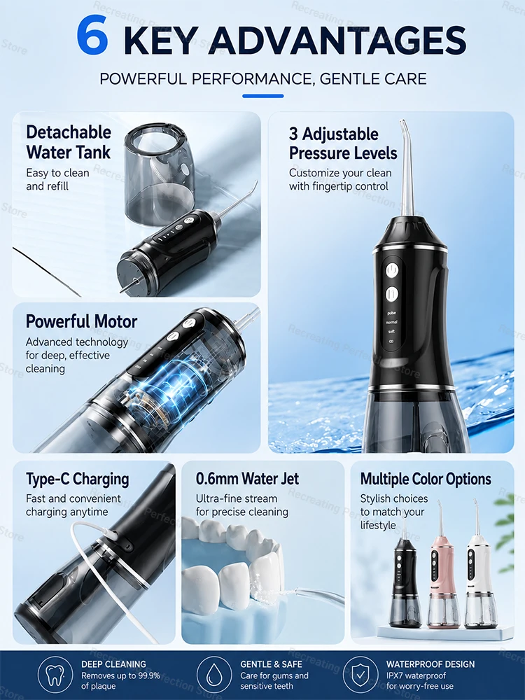 Upgraded Oral Irrigator Portable Electric Water Flosser Dental 380ml Type-C Charge 3 Modes