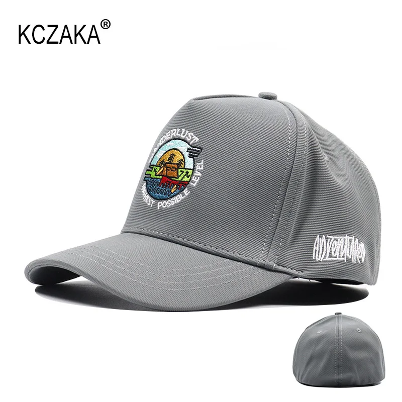 KCZAKA 5 Panel Stretch Full Closed Baseball Caps Men\'s High Crown Embroidery Fitted Cap Curved Brim Elastic Back Closed Hat