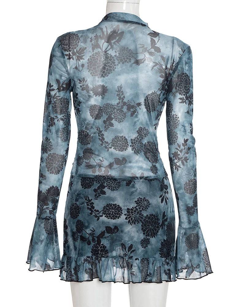 Weird Puss Sexy Plant Print Dress Women Halter Lace-Up Deep V-Neck Ruffle Sleeve Ruched Safety Shorts Stretch Skinny Bodycon