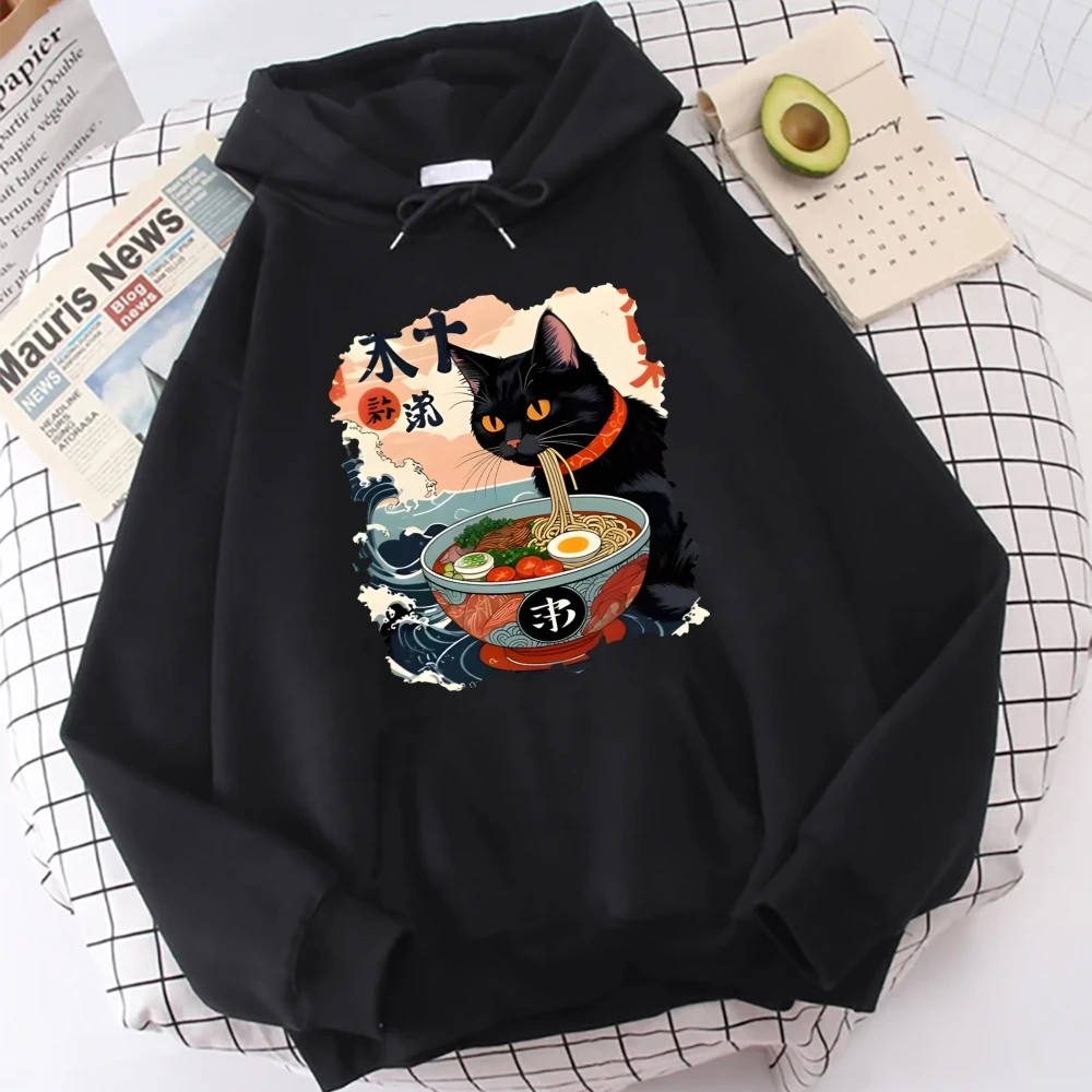 Kawaii Cat Anime Ramen Japanese Funny Graphic Hoodies Kawaii Noodle Cat Man Long Sleeve Wearing For Fall Winter Casual Wearing