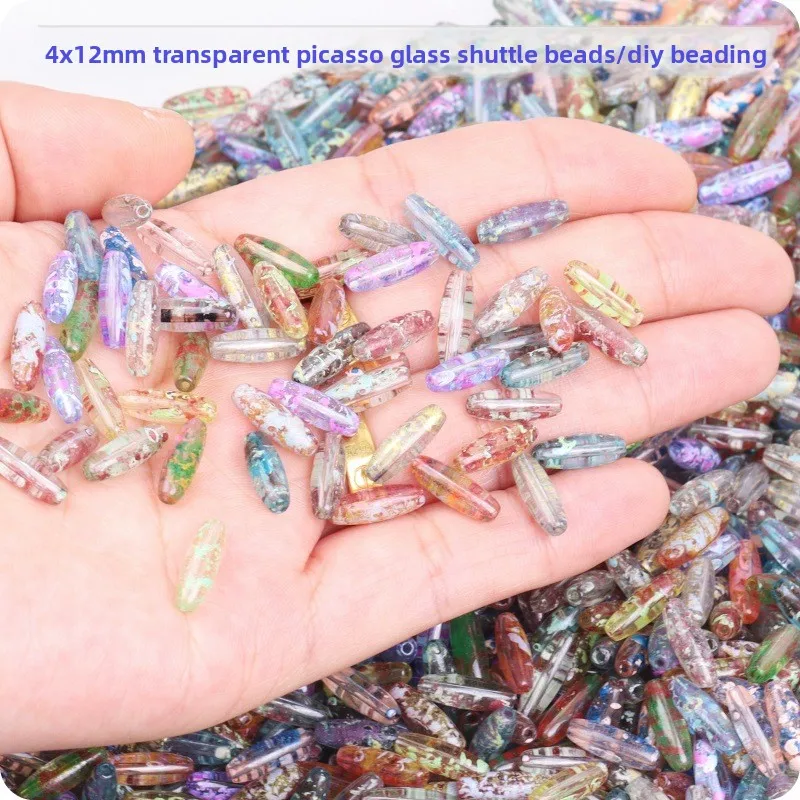 4x12mm transparent Picasso long shuttle beads, special-shaped glass rice beads, handmade DIY beads, trinket material