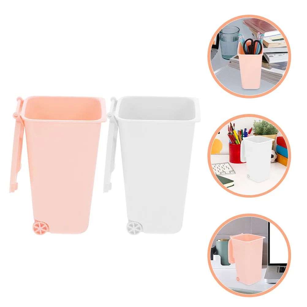 2Pcs Mini Desk Organizer Trash Can Covered Small Desktop Pen Holder Waste Bucket Portable Convenient Home Office