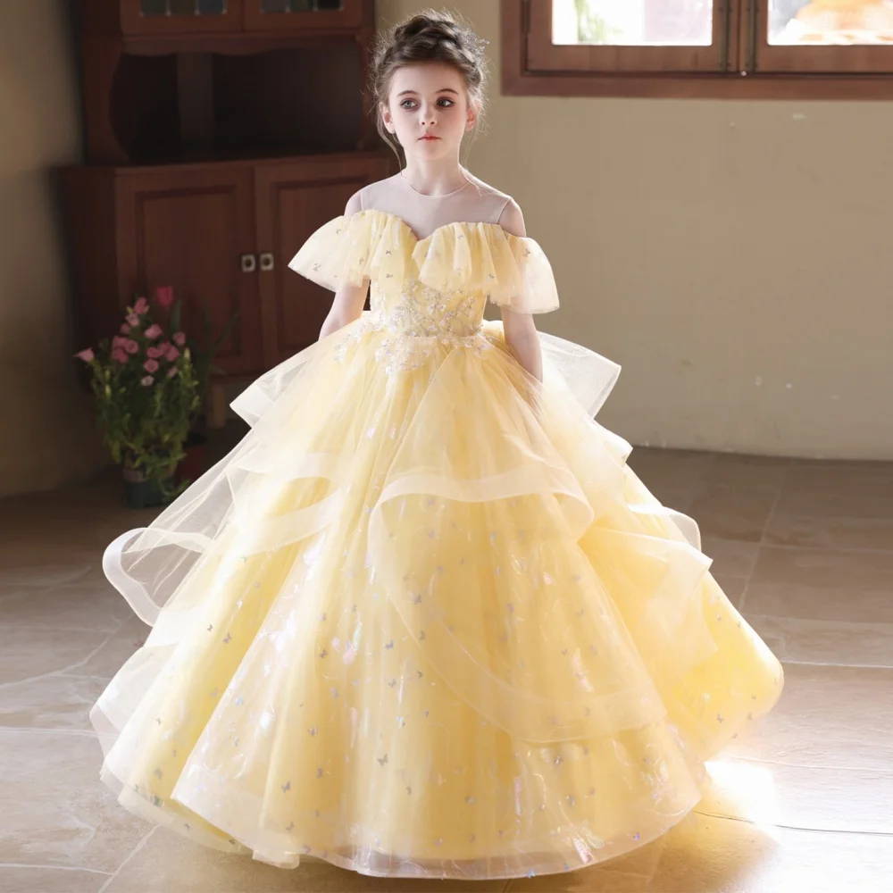 Txjojn New Sparkly Yellow Ruffle Tulle Flower Girl Dress Delicate Lace Appliques Kids Princess Gown For Wedding Birthday Party