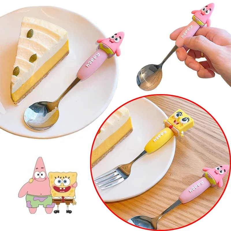 

Набор детских ложек и вилок из силикона и нержавеющей стали с персонажами аниме «Губка Боб Квадратные штаны», милый дизайн, для дома, для фруктов, подарки