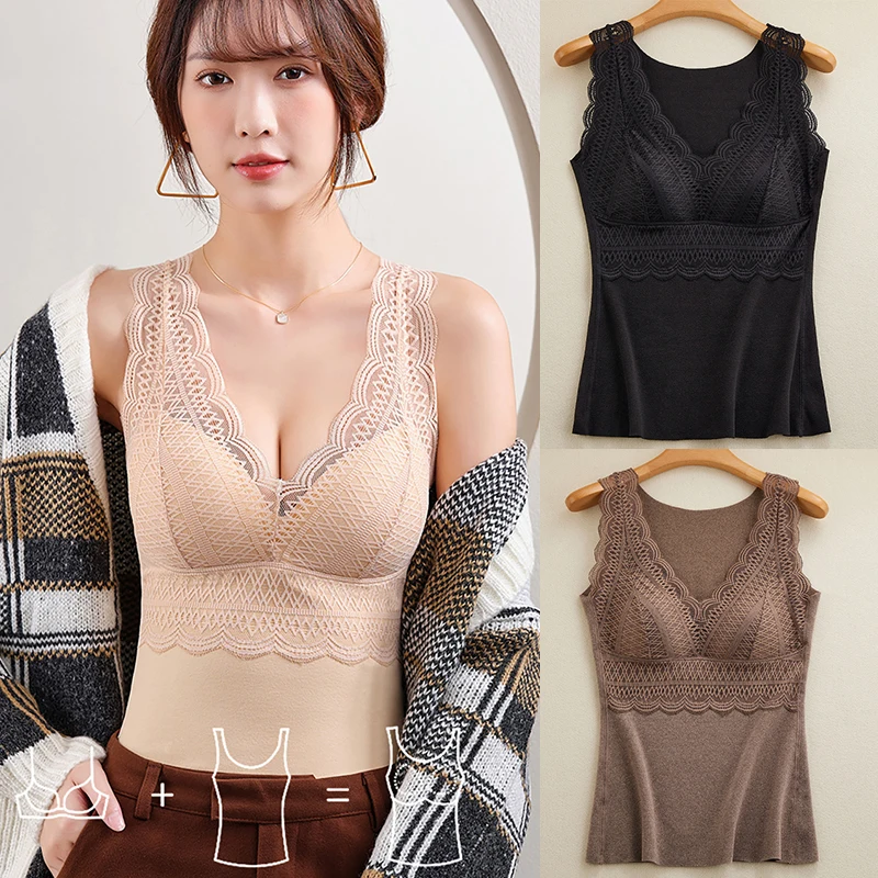 Women Thermal Vest for Cold Weather Seamless Winter Warm Tank Top with Bras Underwear Soft Breathable Corset Lace Undershirt