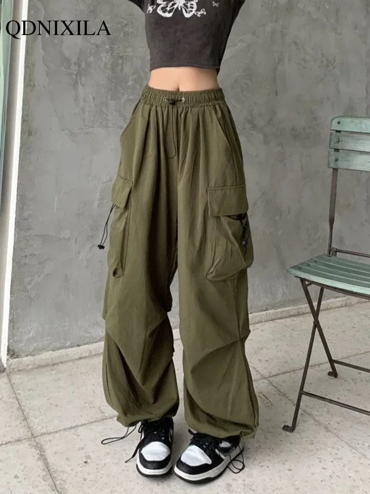 2024 Spring Summer Korean Fashion Thin Women Pants Casual Vintage Cargo Pants Straight Drawstring Loose Wide Leg Baggy Trousers