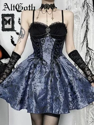 AltGoth Dark Gothic Lolita Dress Women Harajuku Streetwear Aesthetic Fairy Grunge Lace Patchwork Bandage Corset Dress Partywear