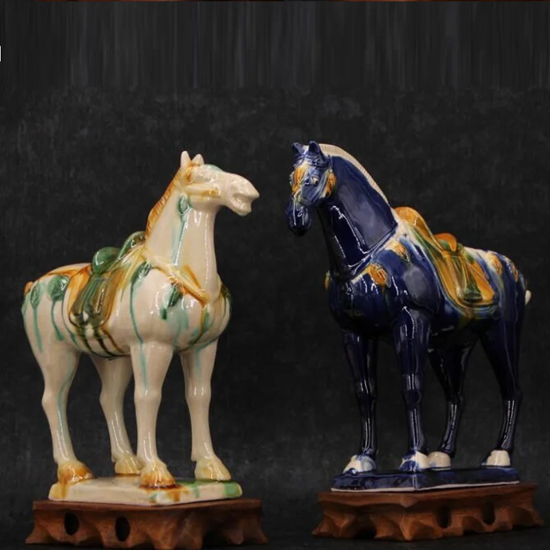 21cmTang Sancai Blue Glazed War Horse Ancient Porcelain Unearthed in Imitation Museum Antique Horse Decoration