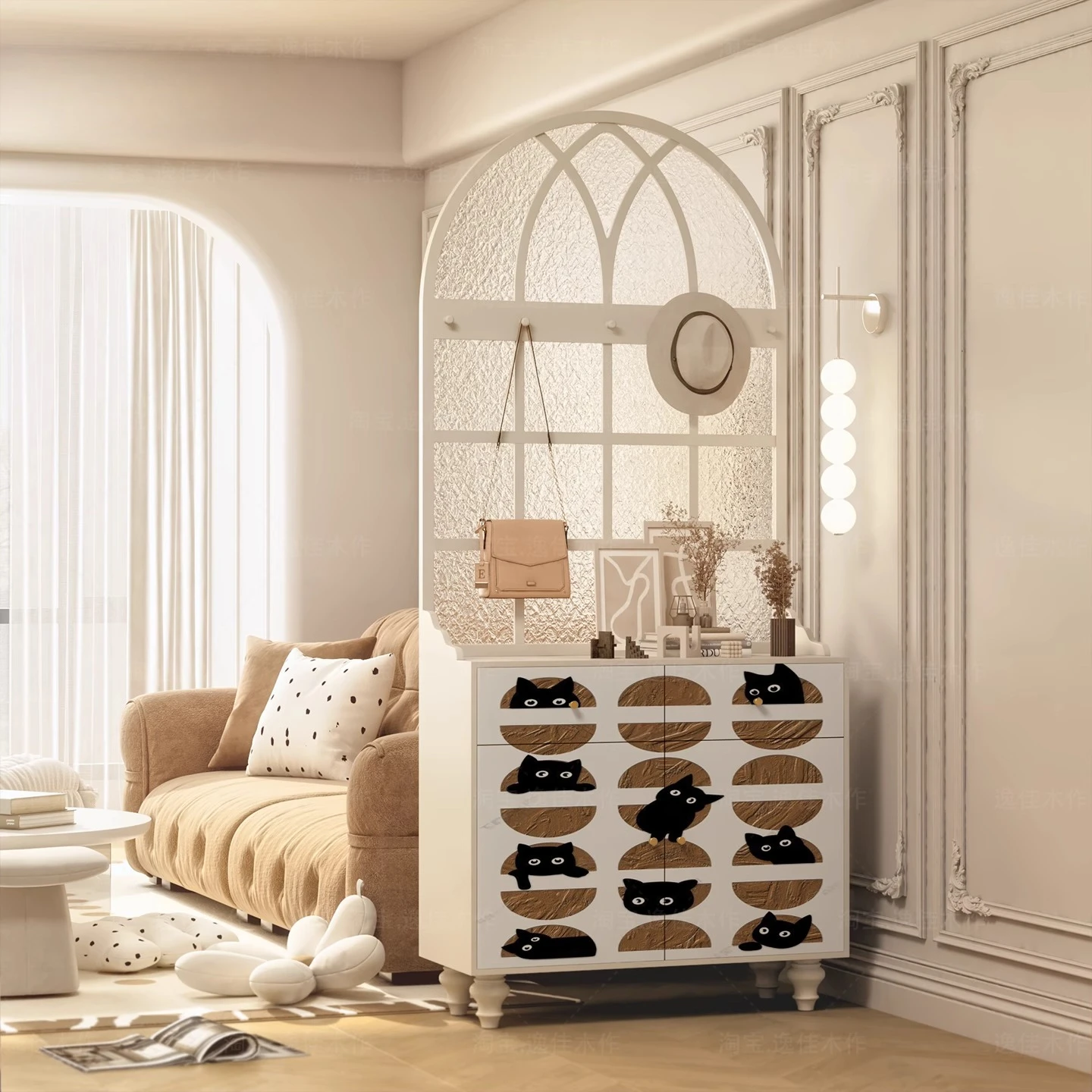 Modern light luxury cream style black cat decoration entrance cabinet entrance living room screen