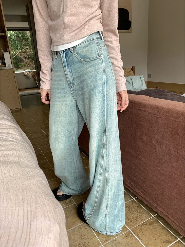 

Summer Classic Washed Distressed Vintage Female Wide Leg Pants New Basic High Waist Street Full Length Fashion Loose Women Jeans