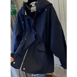 Workwear Windbreaker Women's Mid length 2023 Spring and Autumn New Loose Casual Fashion Hooded Black Coat