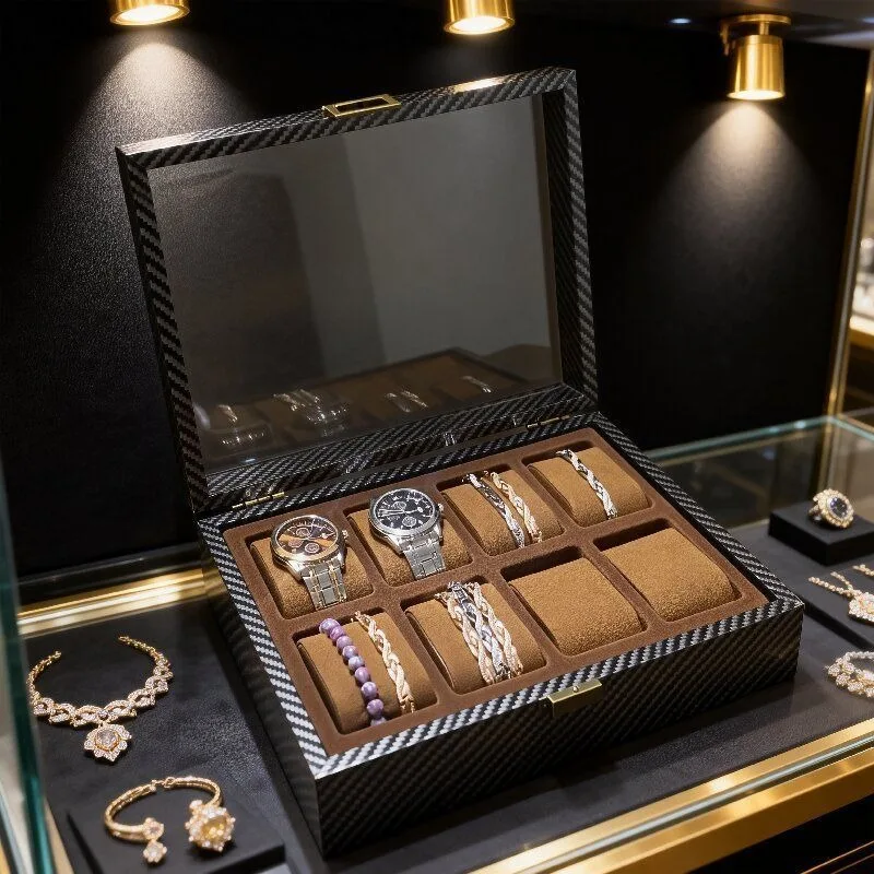 

Коробка-органайзер для часов на 4/6/8 слотов, из углеродного волокна и кожи, с прозрачной крышкой, для мужских наручных часов