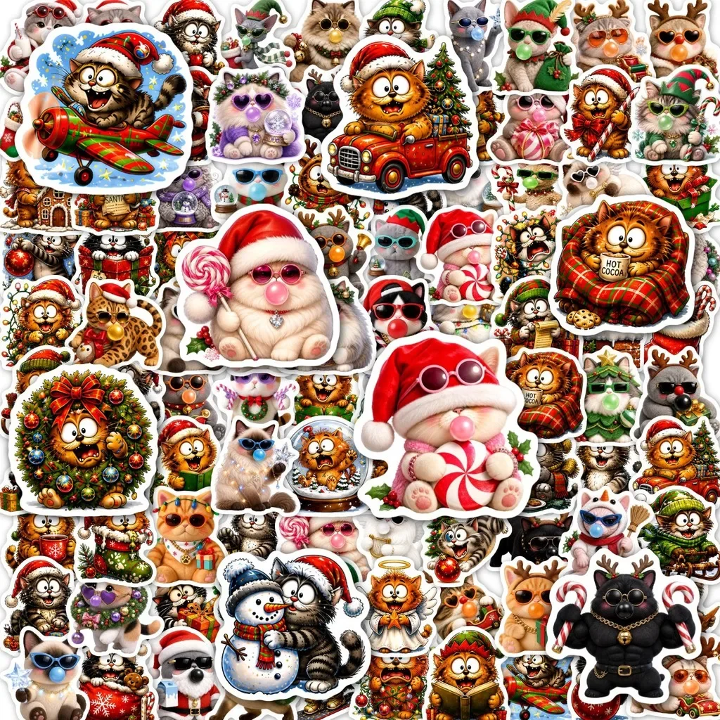 Whimsical Xmas Feline Decorative Sticker Pack 100/200 Pieces Waterproof Decals For Festive Atmosphere Craft Giajar Sticker Store