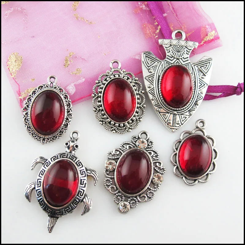 Fashion New Clover Shield Animal Tortoise Oval Charms 13x18mm Red Glaze Tibetan Silver Plated Pendants Retro