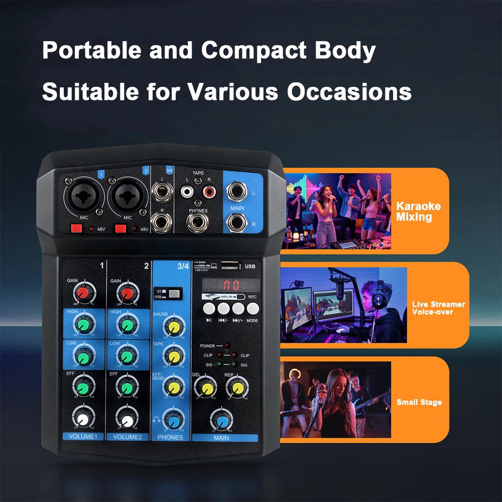 Professional 4channel Audio mixer DJ karaoke Mixing Console With USB Interface Sound Card BT 48V for Karaoke Party PC Recording