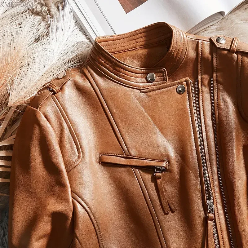 Real Leather Jacket Women Genuine Sheepskin Leather Jackets for Women 23 Spring Fall Short Leather Coat Stand Collar Brown Coats