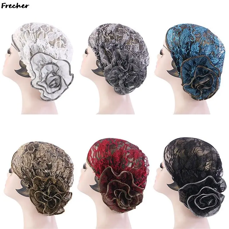 Women Beautiful Headwrap Hair Cover Flower Lace Turbans Hats Muslim Turban Caps Islamic Hijab Cap Wedding Party Headscarf Beanie