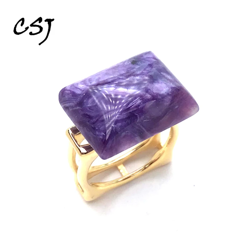 

CSJ New Natural Charoite Ring Sterling 925 Silver Big Stone Square 15*20mm 17ct Fine Jewelry for Women Girl Party Birthday Gift