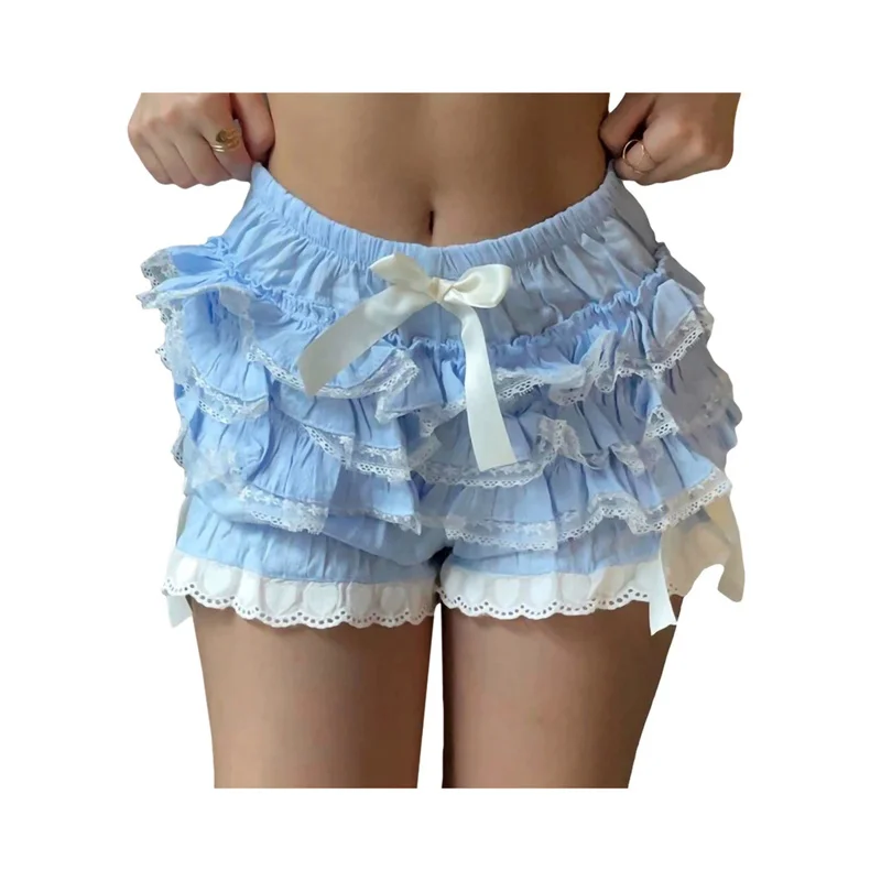 Strick-Shorts für Damen Y2k elastische Taille Rüschen, überholter Bodycon Frilly Lolita Kawaii Shorts Bloomers Beach Shorts