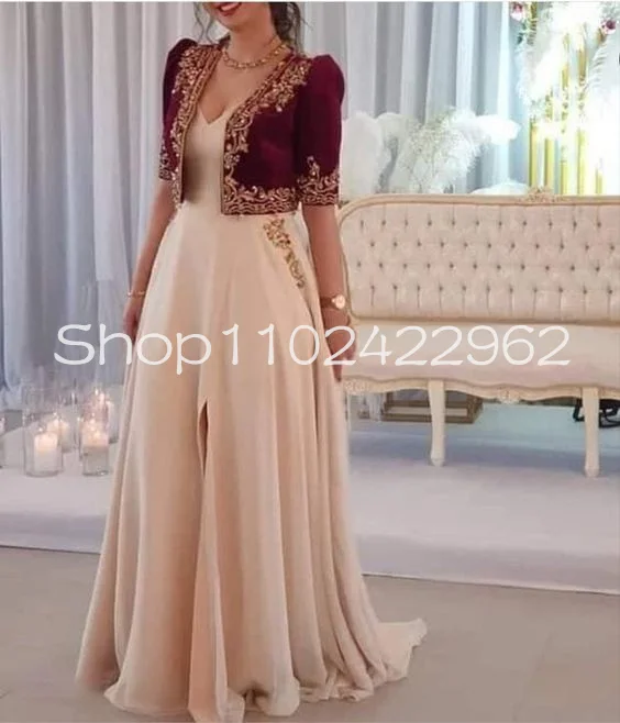 Vestidos de fiesta de terciopelo burdeos con bordado elegante, chaqueta con chaleco, caftán argelino de dos piezas, vestido de noche largo personalizado