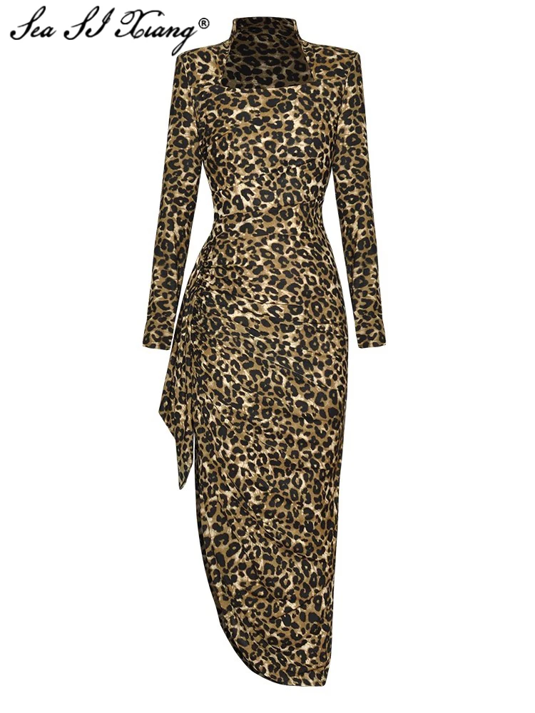 

Seasixiang Fashion Designer Spring Asymmetrical Dress Women Square Collar Long Sleeve Folds Leopard Print Elegant Party Dresses