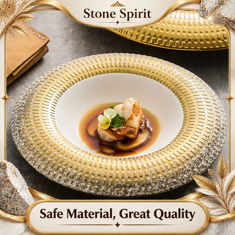 Gilded Ceramic Plates, Restaurant Soup Plates, Household Soup Bowls, Round Wide Edged Deep Plates, Tableware, Kitchen Utensils