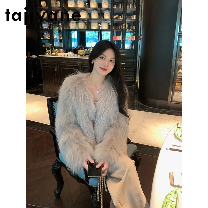 TAJIYANE Imported Raccoon Fur Coat Women Double Sided Woven Fur Jacket Winter Coat Women Short Jackets Furry Tops V-neck Шуба