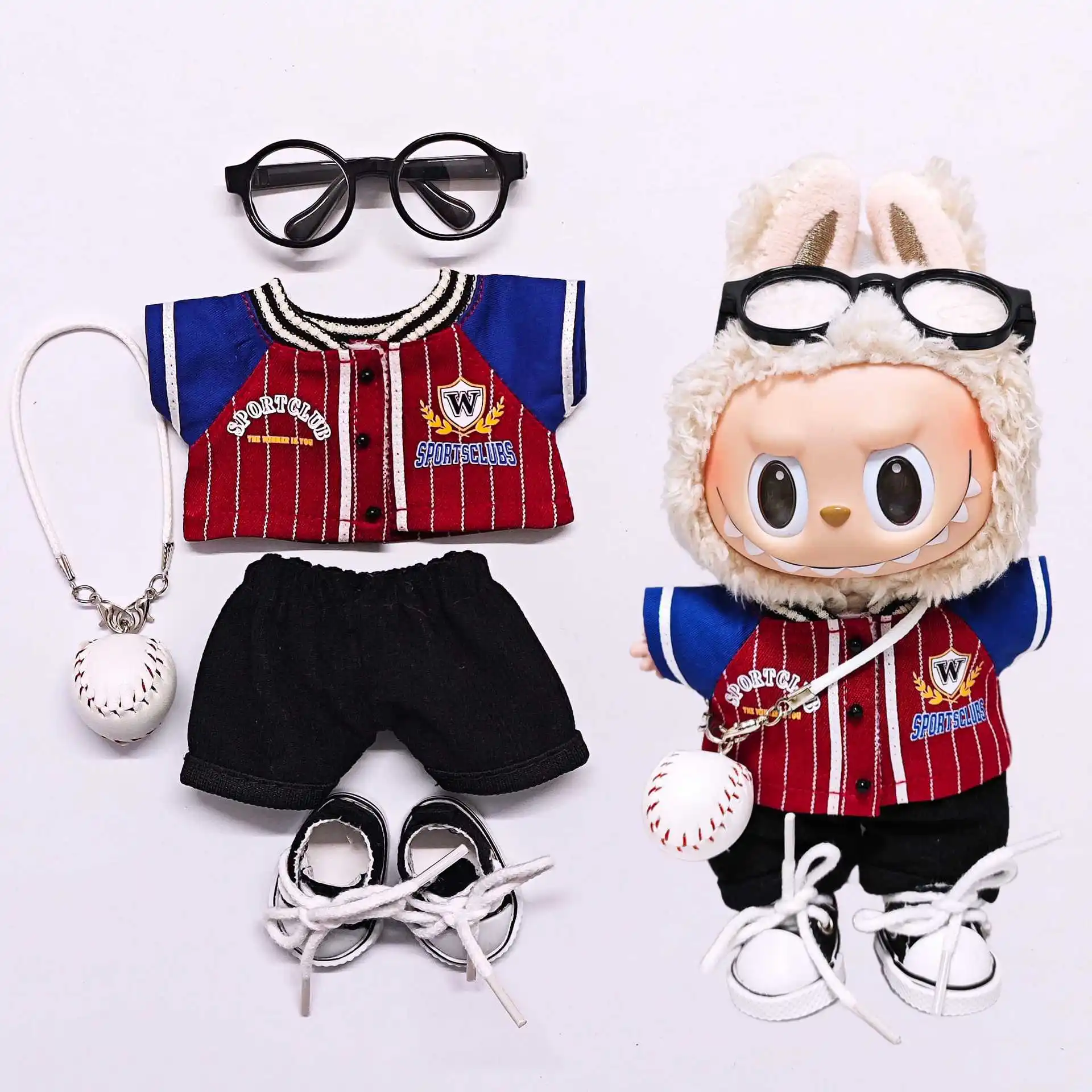 

Clothes For LABUBU 15/17cm American Trendy Sporty Clothing Red Baseball Jacket With White Baseball Glasses & Canvas Shoes Set