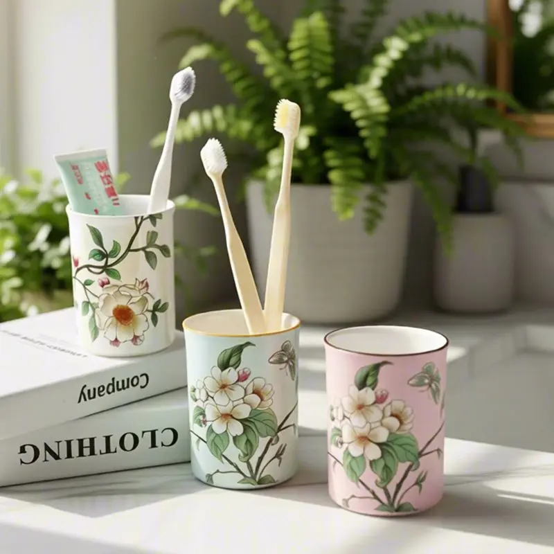 Creative Storage Rack Rinse Cup Bathroom Accessories Cartoon Flower Ceramic Toothbrush Cup Washstand Storage Rack Decoration