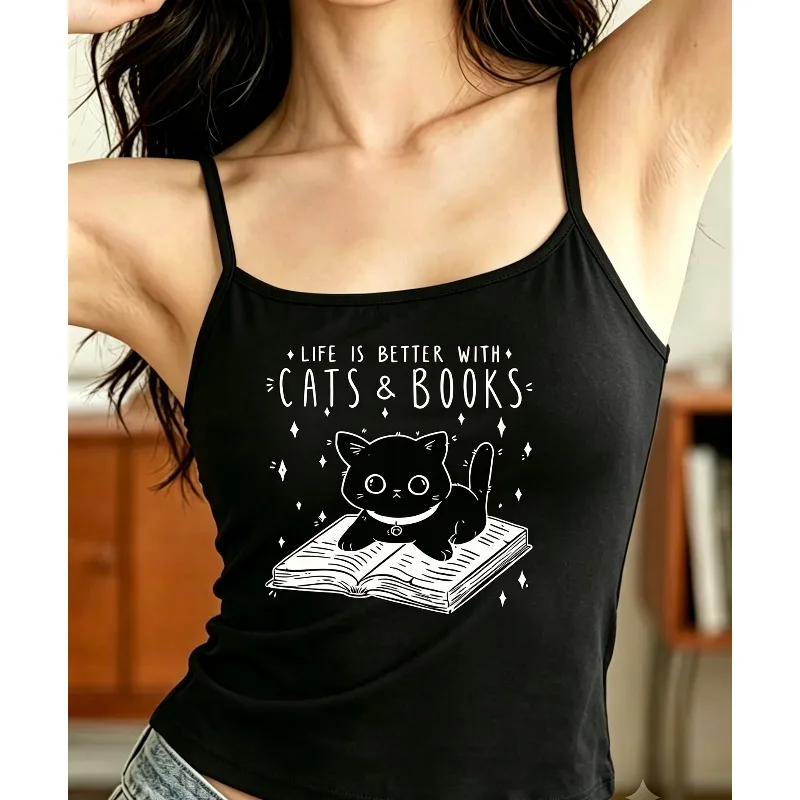 Women Life Is Better with Cats & Books Graphic Cami Tank Top Cute Black Cat Reading Book Print Camisole Summer Casual Tops