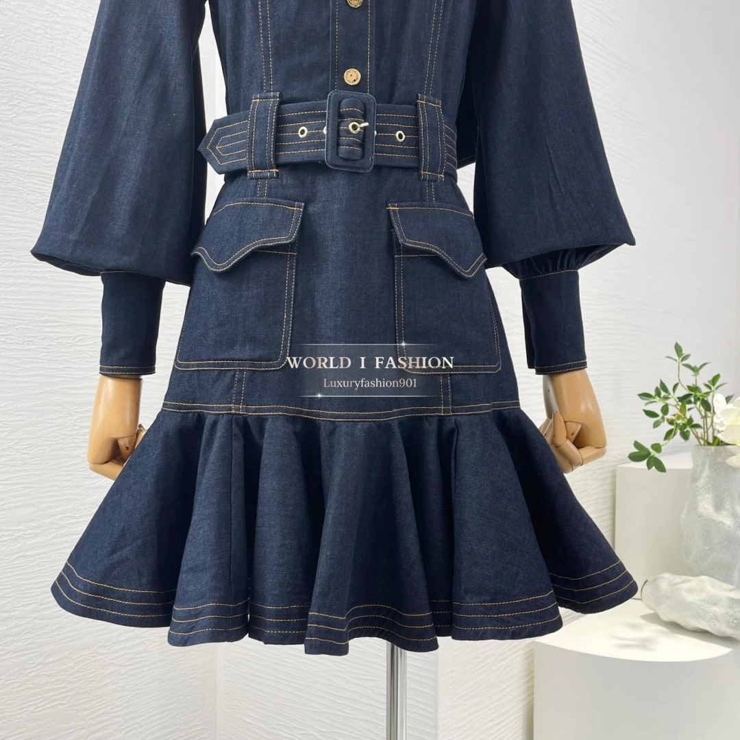 Serie mini-jurk met veters en riem 2025, nieuwkomers, hoogwaardige puur katoenen damesdenim