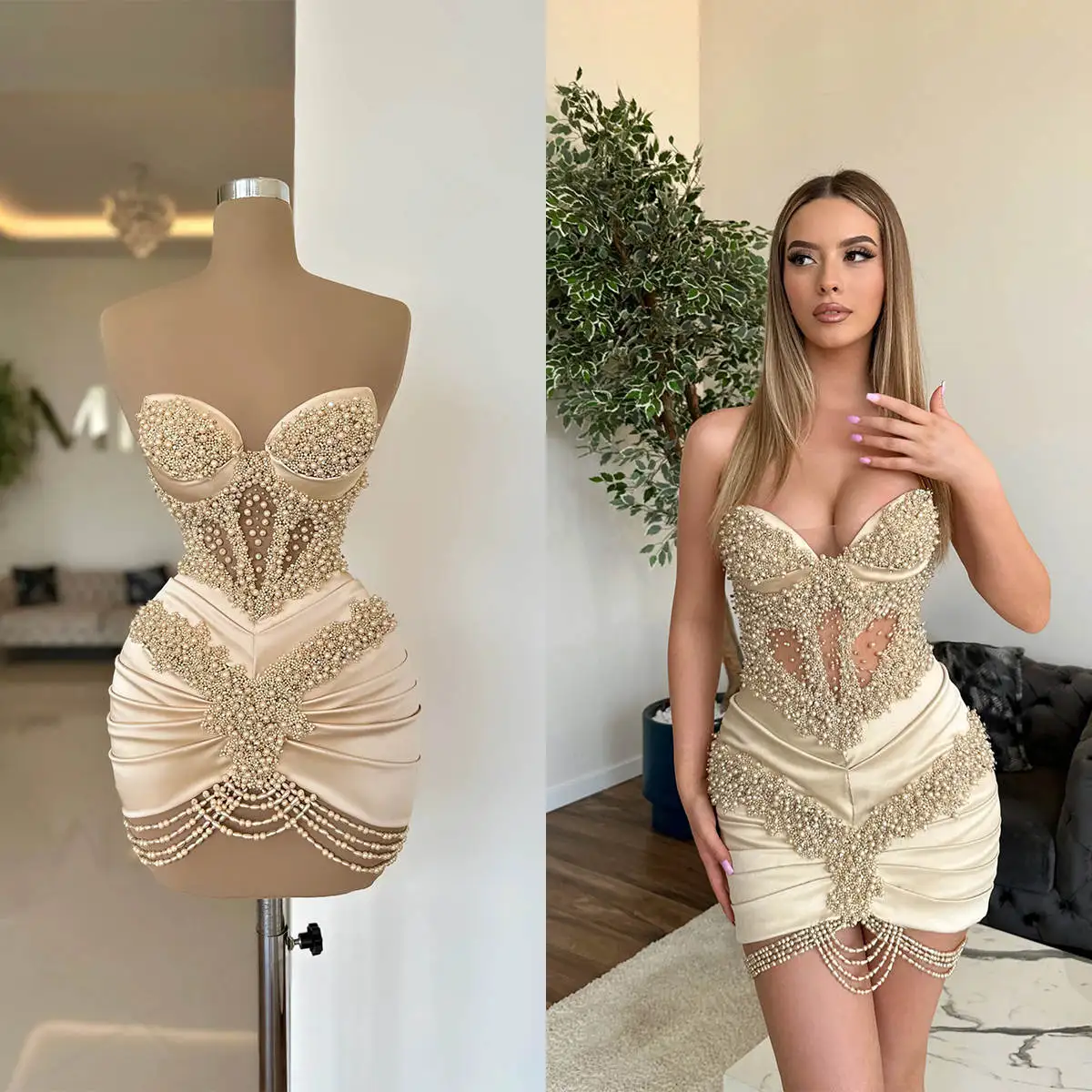 

Sexy Evening Mini Dresses For Women Sweetheart Neck Sleeveless Gown Beading Pearls Short Dress Party Customized Dress