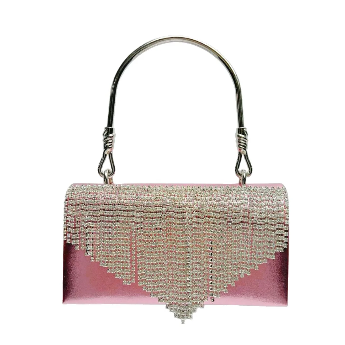 Metallic Pink Tassel Rhinestone Evening Clutch Bag With Silver Metal Handle, Luxury Formal Dinner Hand Purse For Mature Women