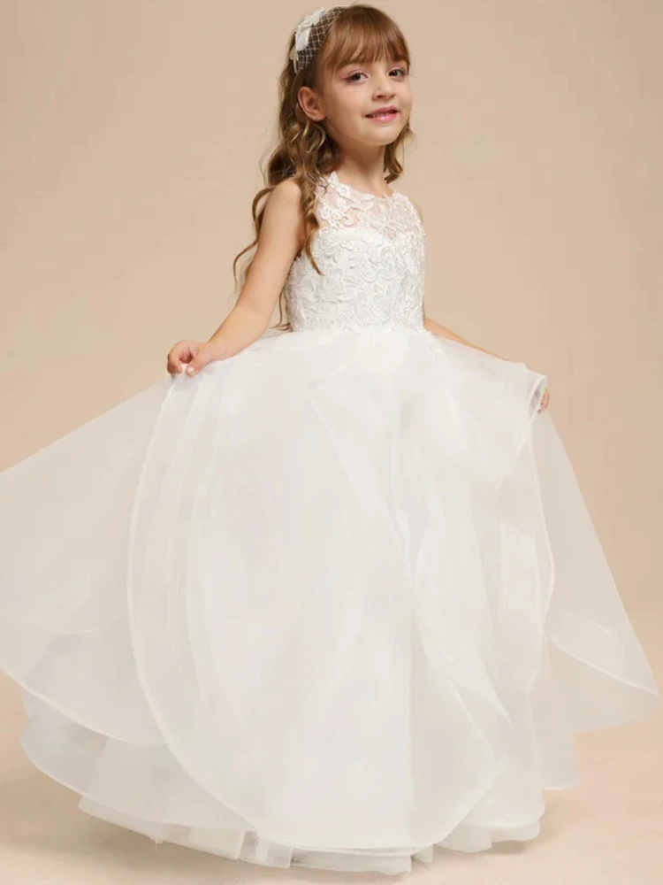 ชุดเดรสดอกไม้สีขาวTulle Appliquesฉัตรแขนกุดสําหรับงานแต่งงานวันเกิดParty First Communion Gowns