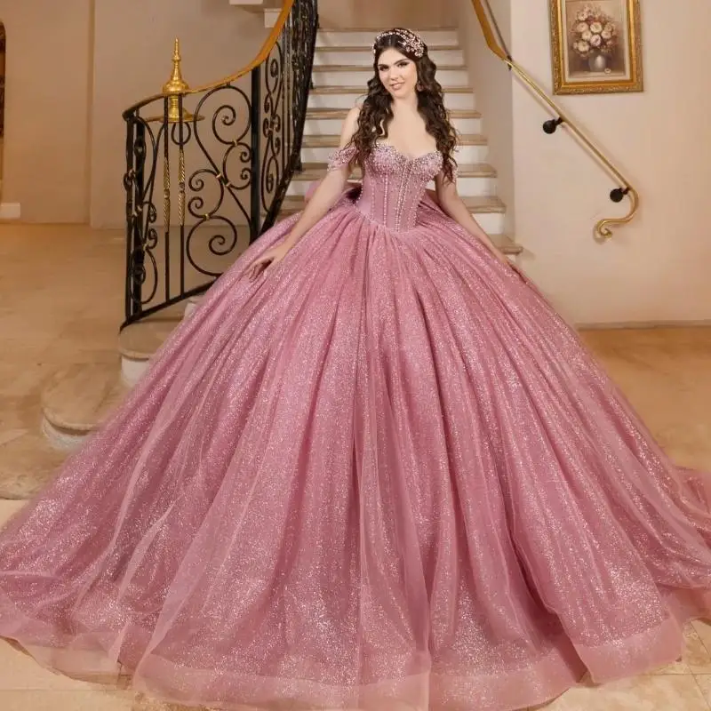 

Customized Pink Shiny Quinceanera Dresses Ball Gown Sweetheart Sequin Beading Crystal Tulle Lace-Up Party Princess Sweet 16