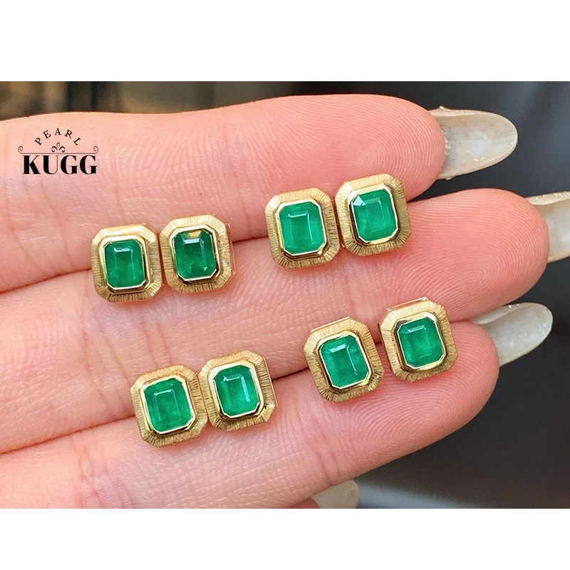 

KUGG 100% 18K Yellow Gold Earrings Fashion OL Style Natural Emerald Stud Earrings for Women Wedding Party High Gemstone Jewelry