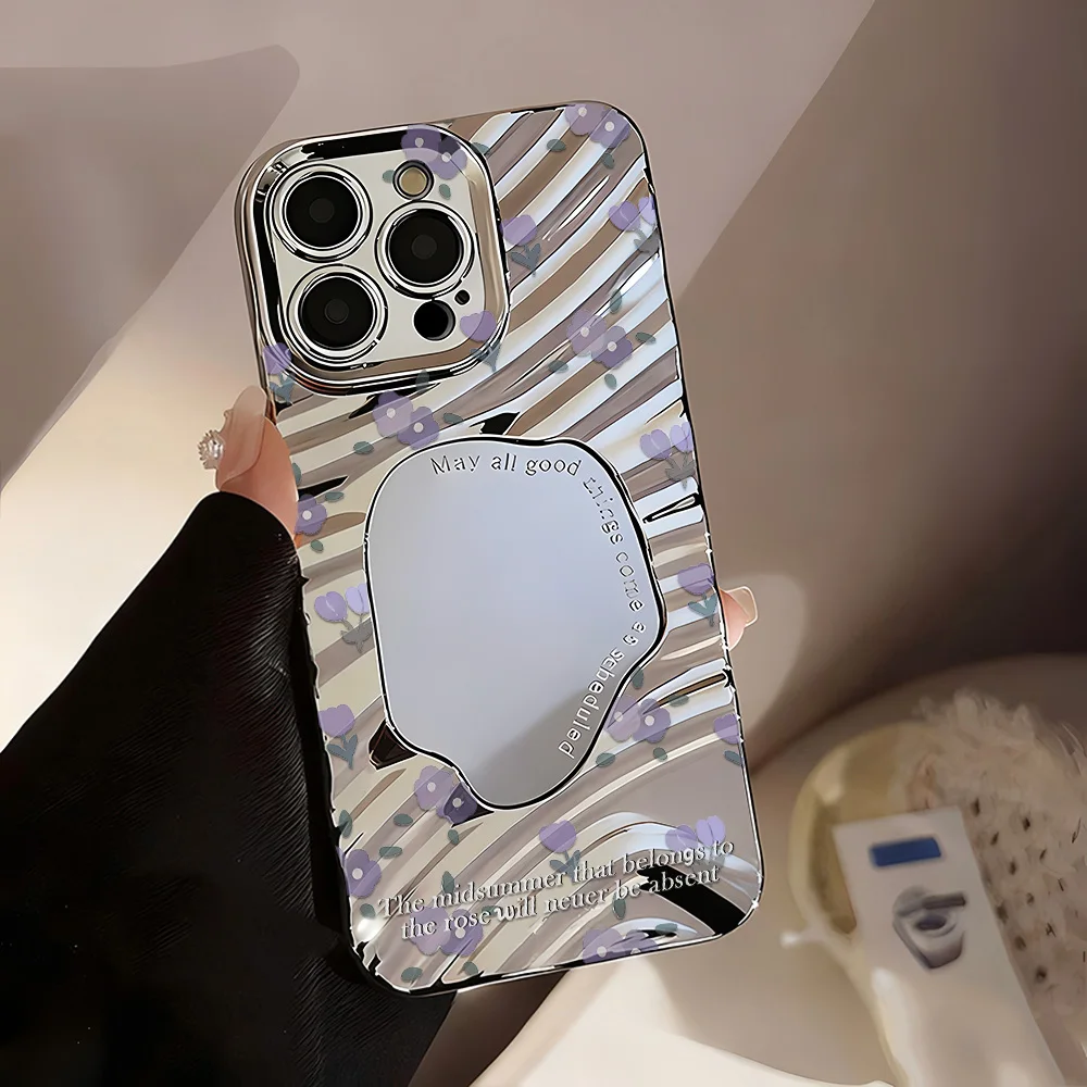 Чехол для телефона Flower Silver Mirror Wave Edge для iPhone 17 Pro, чехол для iPhone 13 14 12 11 15 16 Pro Max, мягкий глянцевый чехол со шнурком