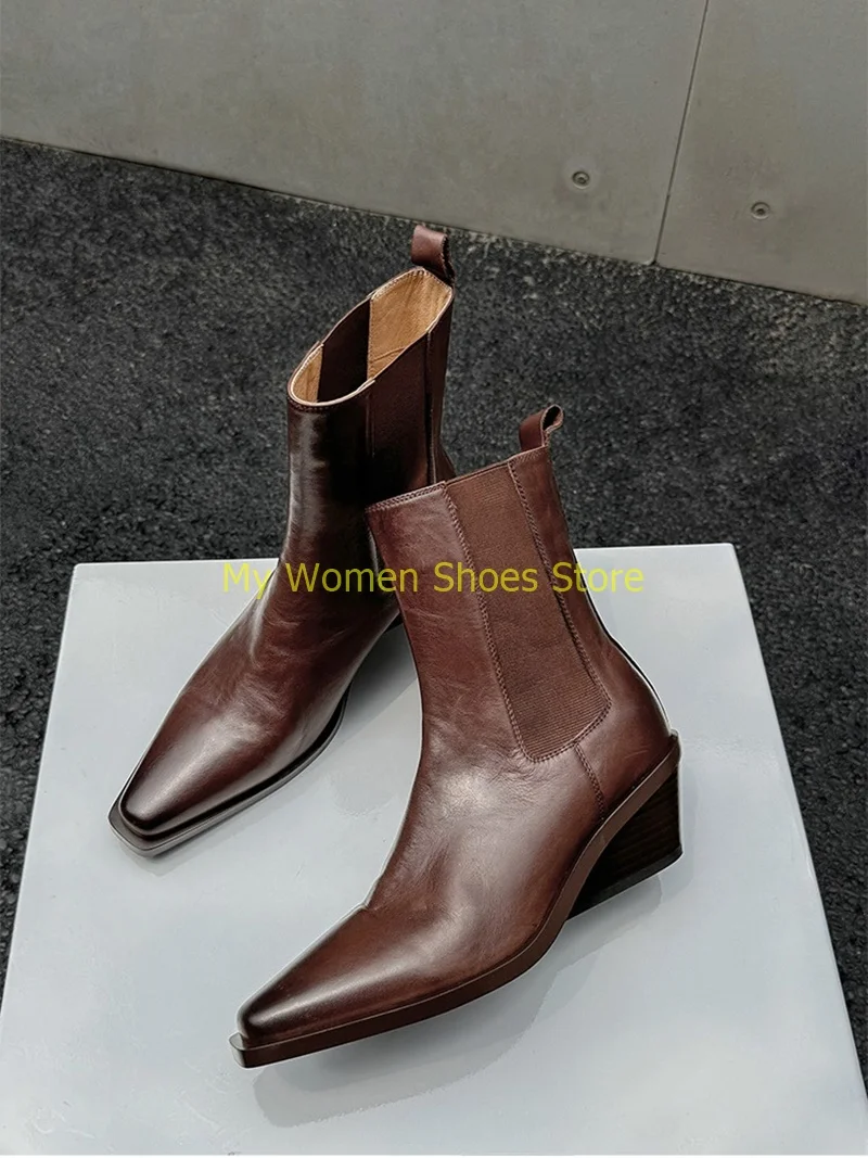 Middle Heel Wedges Ankle Booties Small Square Toe Brown Black Cow Leather Slip On Real Picture Handmade Runway Women Shoes