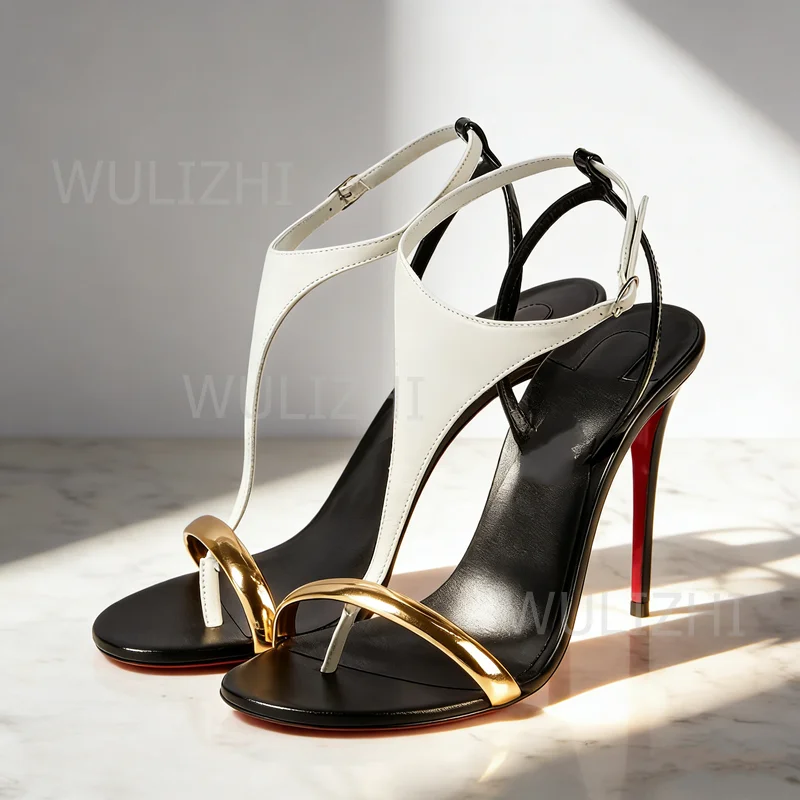 

White T Strap Gold Sandals Women Red Heels Open Patchwork Design Matte Leather Simple Casual Style Slingback Luxury Evening Shoe