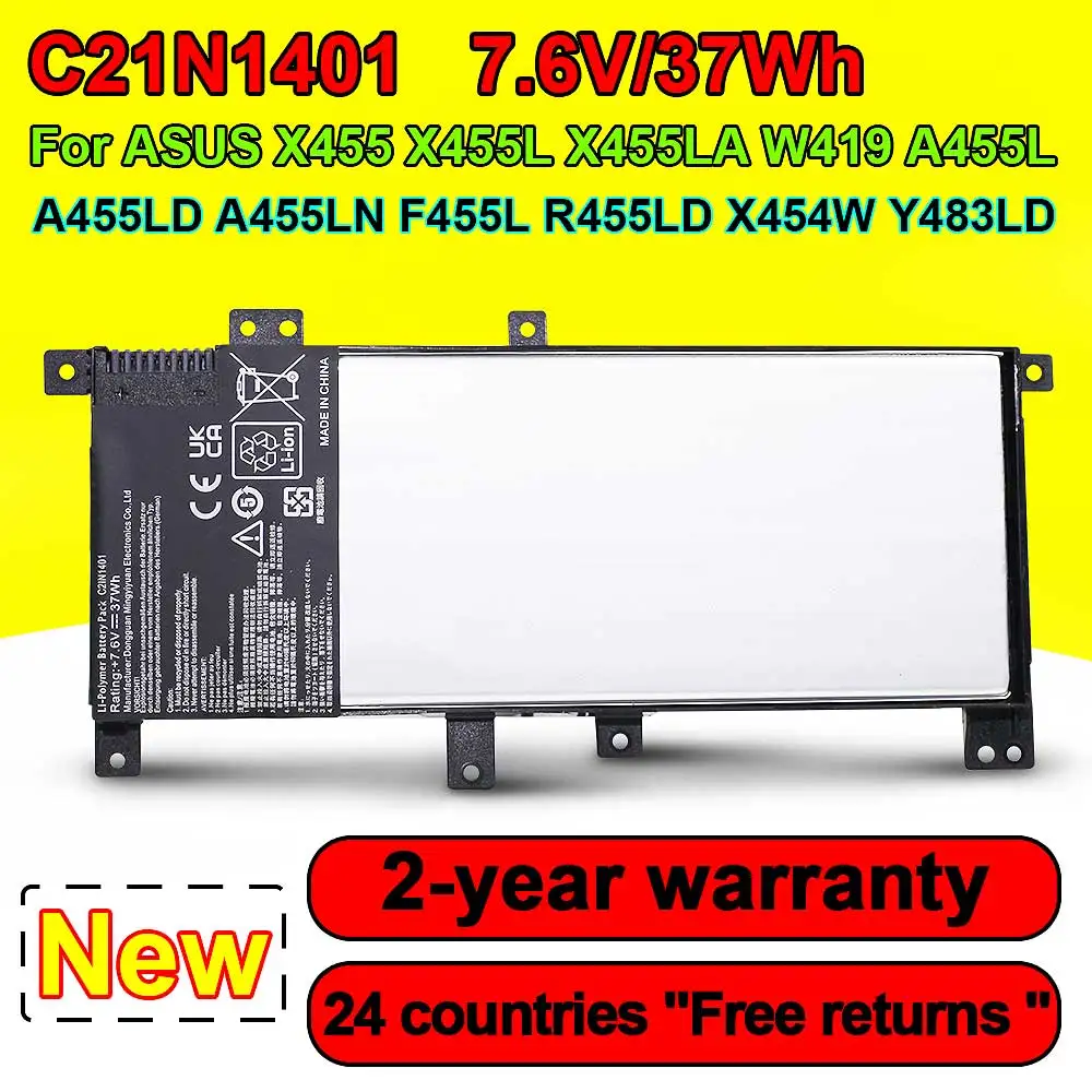 C21N1401 For Asus X455 X455L X455LA W419 A455L A455LD A455LN F455L R455LD X454W Y483LD Laptop Battery  7.6V 37Wh Rechargeable