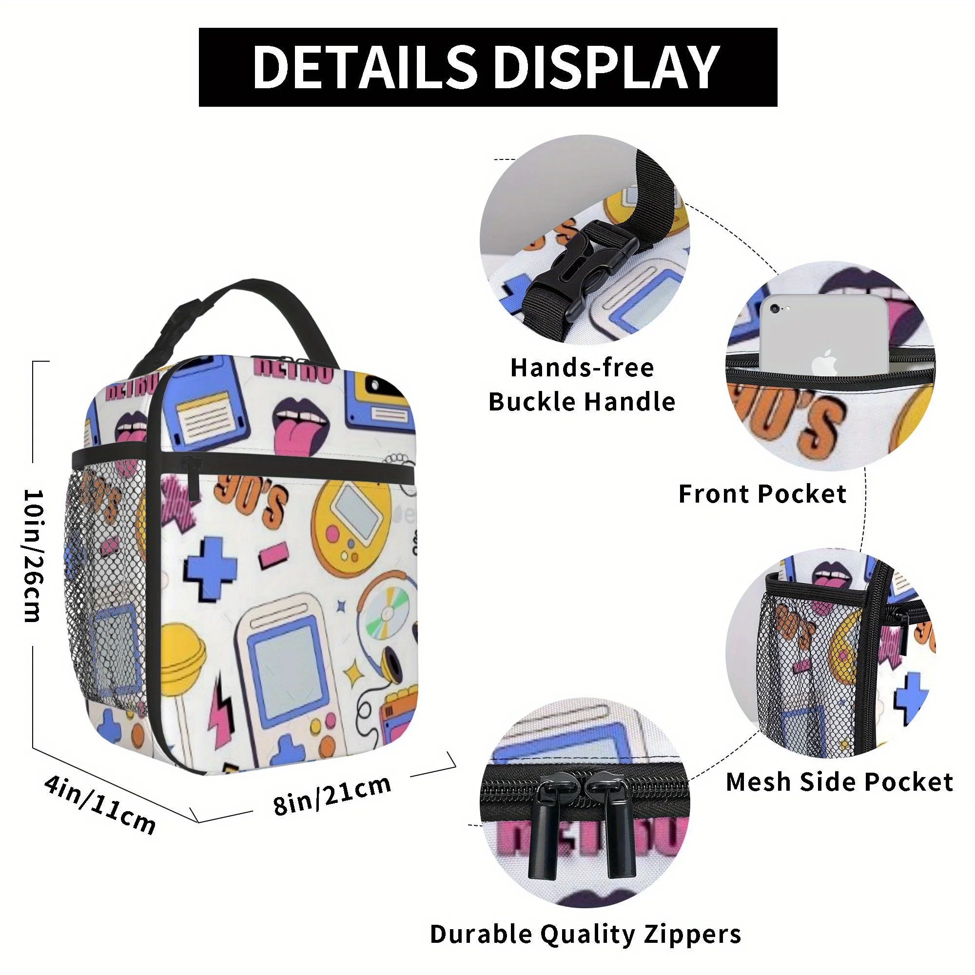 1pc Retro 90s Nostalgia Items Collection Printed Thermal Bag, Insulated Lunch Tote for Home/Restaurant/Office Use - Unisex Porta