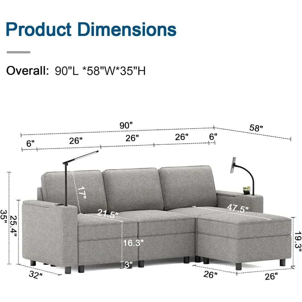 Modular Sectional Sofa,Multifunctional Couch with Storage,Armrest with Wireless Charging Stand & LED Light,L-Shape with Ottoman