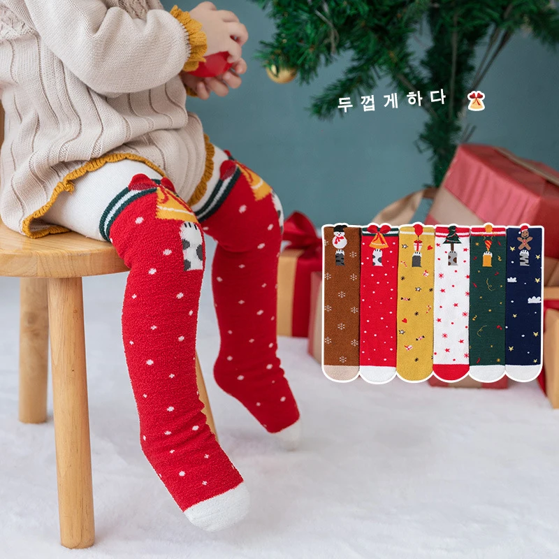 2022 Hot Parent-child Kawaii Cartoon Christmas Stockings Winter Thicken Coral Fleece Warm Knee High Long Baby Socks for Girl Boy