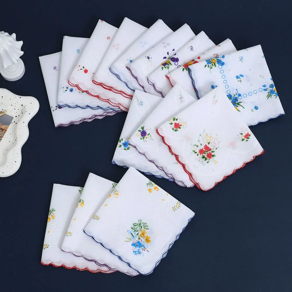 6 Pack of Women's Classic Tooth Edge Handkerchiefs, Cotton Flower Handkerchiefs, Sweat-Wiping Flap Pocket Pants Towels, Placemats, Wedding Supplies